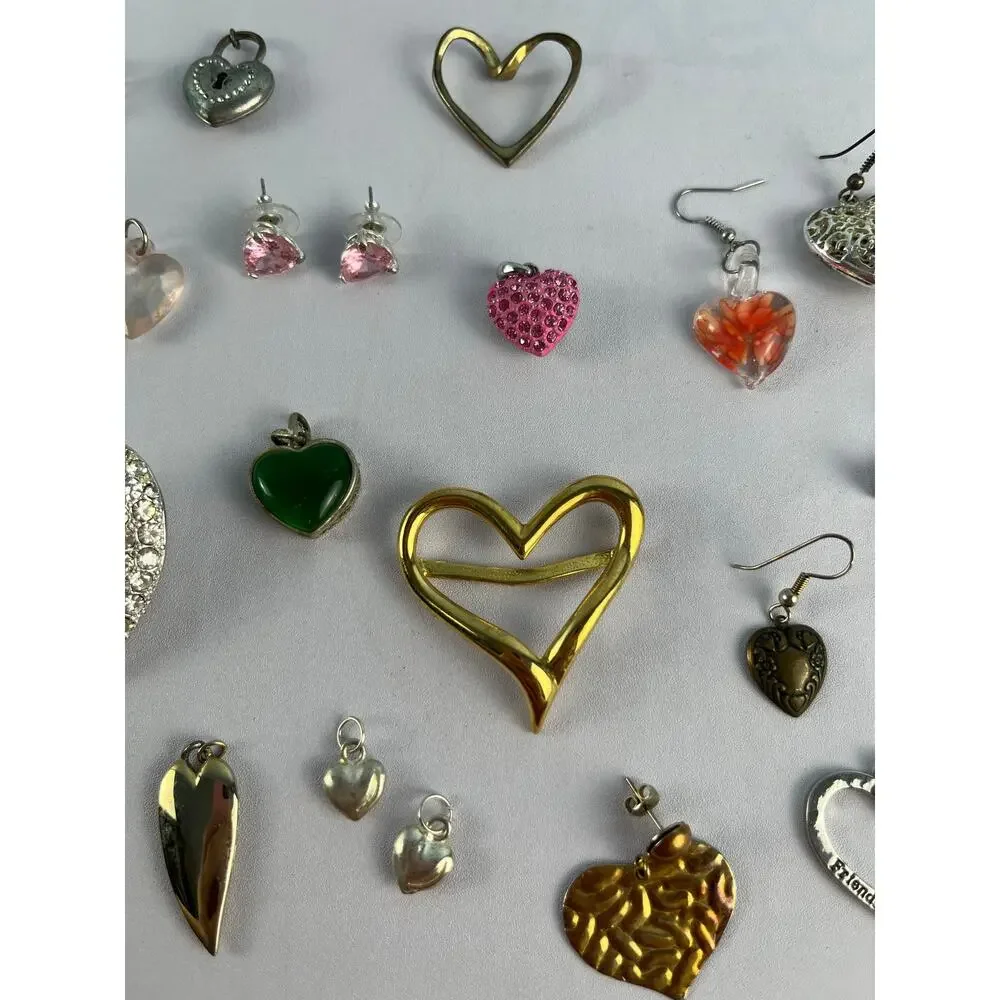 Y2K VTG and Modern Heart Jewelry Lot Rhinestone Pendants Earrings Brooches Craft